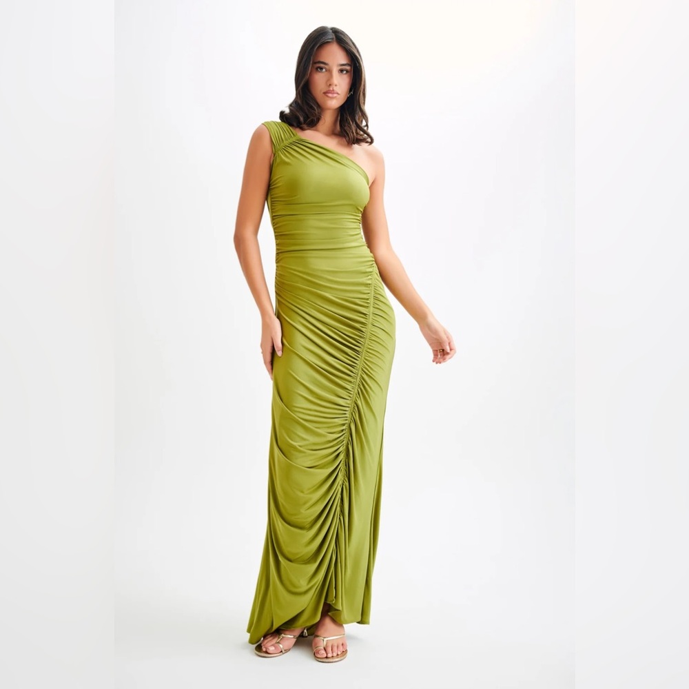 Mekhi Capri Gathered Slinky Maxi Dress - Vintage Olive